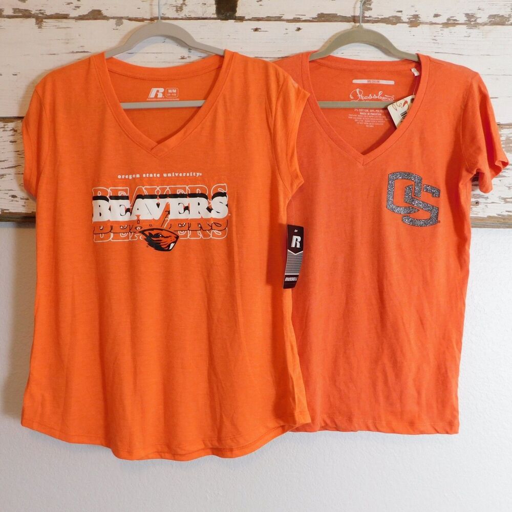 OSU Oregon State T-Shirts Beavers Orange Lot of 2 Womens Medium V-Neck NCAA NWT